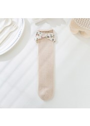 2pairs/lot Summer Kids Long Floral Bow Sock Knee High Thin Mesh Socks Hollow Out Soft Cotton Infant Sokin Baby Girls Socks