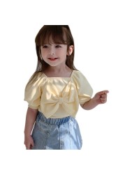 Summer girls cute casual T-shirt baby sweet bubble sleeve princess clothes big bow short sleeve top