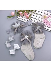 Baby Girl Lace Flower Headband Socks Set Cotton Baby Socks Newborn Socks Anti Slip Floor Socks Elastic Baby Hair Band