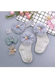 Baby Girl Lace Flower Headband Socks Set Cotton Baby Socks Newborn Socks Anti Slip Floor Socks Elastic Baby Hair Band