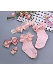 Baby Girl Lace Flower Headband Socks Set Cotton Baby Socks Newborn Socks Anti Slip Floor Socks Elastic Baby Hair Band