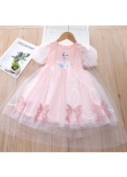 Summer Kids Dresses For Girls Frozen Elsa Lace Mesh Short Sleeve Beautiful Princess Dress Korean Toddler Children Dresses Vestidos