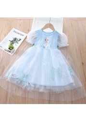 Summer Kids Dresses For Girls Frozen Elsa Lace Mesh Short Sleeve Beautiful Princess Dress Korean Toddler Children Dresses Vestidos