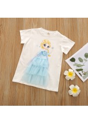 Summer Kids Dresses For Girls Frozen Elsa Lace Mesh Short Sleeve Beautiful Princess Dress Korean Toddler Children Dresses Vestidos