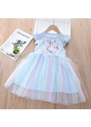 Fashion Summer Kids Clothes Cartoon Short Sleeve Princess Mesh Dress Baby Girls Birthday Costume Korean Pretty Vestidos