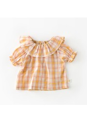 Summer Newborn Baby Shirts Twin Clothes Fashion Plaid Shirts Infant Peter Pan Neck Baby Shirts 0-3 Years