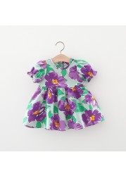 Summer New Girls Dress Cutout Back Big Bow Lace Princess Girls Dress Flower Cotton Skirt Newborn Baby Girls Birthday Gift