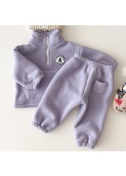 Children's Boys Clothing Sets Thicken Sweatshirt Kids Clothes Girls Solid Cotton Long Sleeve Pullover Tops Pant Suits 2pcs