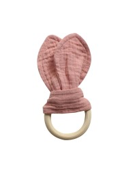 Baby Wooden Hand Grasp Soft Toy Cotton Cute Rabbit Ears Teether Comfortable Bracelet Teething Toy Sensory Rattle Gif