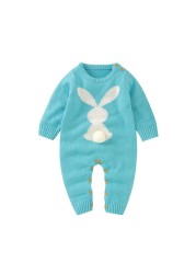 0-24M Newborn Cute Knitted Bunny Tail Patchwork Romper for Baby Boys Girls Weave Long Sleeve Jumpsuit Outfits Clothes