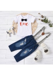 Fashion Baby Boy Summer Clothes Kids Girls Clothes Outfits Cotton Short Sleeve Tops Suspender Jeans Newborn Clothes 3-18 Months