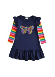 Vikita Girls Rainbow Striped Dress Kids Sequin Unicorn Dress Autumn Baby Dress With Pockets Cotton Dresses For 3-12 Years Girls