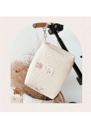 Cute Bear Flower Embroidery Pattern Baby Beige Cotton Fabric Zipper Diaper Handbag 2022 New Luggage Bag