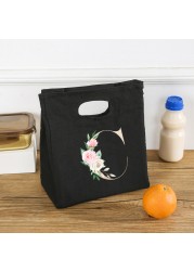 Rose Flower Letters A-Z Canvas Lunch Bag Harajuku Insulated Functional Thermal Pouch Cooler Bags for Women Funny Kid Picnic Box