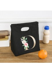 Rose Flower Letters A-Z Canvas Lunch Bag Harajuku Insulated Functional Thermal Pouch Cooler Bags for Women Funny Kid Picnic Box