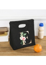 Rose Flower Letters A-Z Canvas Lunch Bag Harajuku Insulated Functional Thermal Pouch Cooler Bags for Women Funny Kid Picnic Box