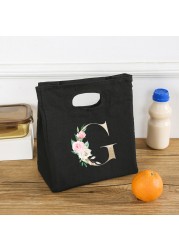 Rose Flower Letters A-Z Canvas Lunch Bag Harajuku Insulated Functional Thermal Pouch Cooler Bags for Women Funny Kid Picnic Box