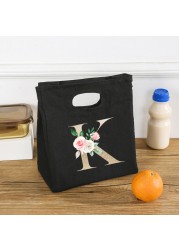 Rose Flower Letters A-Z Canvas Lunch Bag Harajuku Insulated Functional Thermal Pouch Cooler Bags for Women Funny Kid Picnic Box