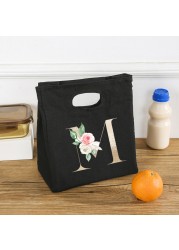 Rose Flower Letters A-Z Canvas Lunch Bag Harajuku Insulated Functional Thermal Pouch Cooler Bags for Women Funny Kid Picnic Box