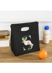 Rose Flower Letters A-Z Canvas Lunch Bag Harajuku Insulated Functional Thermal Pouch Cooler Bags for Women Funny Kid Picnic Box