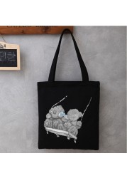 Women Cartoon Anime Bear Shopping Bag Shopper Foldable Reusable Canvas Handbag Harajuku Style Student Bag Canvas Tote Bag Newest