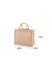 Portable Burlap Shopping Bag Jute Handbag Bamboo Ring Retro Carry Handles DIY Handbag Women Large Size Beach Bag for Girls