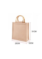 Portable Burlap Shopping Bag Jute Handbag Bamboo Ring Retro Carry Handles DIY Handbag Women Large Size Beach Bag for Girls