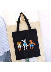 Women's Shopping Bag All-match Bear Chain Handbag Folding Reusable Canvas Shopper Harajuku Style Bag New Student Canvas Tote Bag