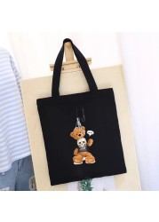 Women's Shopping Bag All-match Bear Chain Handbag Folding Reusable Canvas Shopper Harajuku Style Bag New Student Canvas Tote Bag