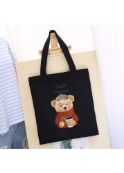 Women's Shopping Bag All-match Bear Chain Handbag Folding Reusable Canvas Shopper Harajuku Style Bag New Student Canvas Tote Bag