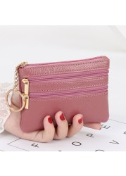 Women PU Leather Mini Coin Purse Three Zippers Card Key Holder Money Bag Female Girls Solid Color Mini Clutch With Keyring