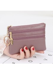 Women PU Leather Mini Coin Purse Three Zippers Card Key Holder Money Bag Female Girls Solid Color Mini Clutch With Keyring