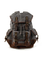 Men's Leather Backpack Large Capacity Tarpaulin Vintage Backpack For School Hiking Travel