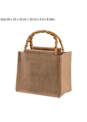 Unisex Portable Burlap Jute Shopping Bag With Bamboo Loop Handles Wome Men Durable Reusable Casual Tote Grocery Handbag 8 Size