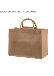 Unisex Portable Burlap Jute Shopping Bag With Bamboo Loop Handles Wome Men Durable Reusable Casual Tote Grocery Handbag 8 Size