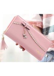 Women's Long Leather Wallet Card Holder Wallet With Cute Cat Pendant Cell Phone Pocket Wallet