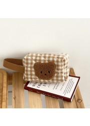 Cute Khaki Bear Makeup Bag Large Capacity Portable Cosmetic Bags Zipper Pure Cotton Plaid Brushes Pouch Case For Women Girls