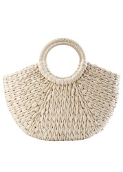 Women's handbag elegant rattan wicker straw woven half round bag large capacity casual travel bags