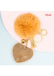 Rhinestone Pompom Heart Keychain Ladies Bag Hanging Room Car Pendant Decoration