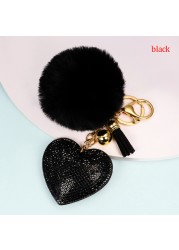 Rhinestone Pompom Heart Keychain Ladies Bag Hanging Room Car Pendant Decoration