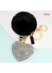 Rhinestone Pompom Heart Keychain Ladies Bag Hanging Room Car Pendant Decoration