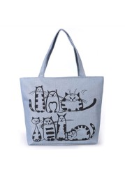 Women's Shopping Bag Cat Cartoon Printed Shoulder Bag Women Large Capacity Canvas Beach Bag Tote Ladies Shopping Bags