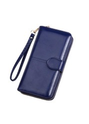 Leather Women Long Zipper Oil Wax Wallet Large Capacity Zipper Clip Wallet Ladies Long Wristlet Clutch Coin Card Holder Portomonee