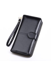 Leather Women Long Zipper Oil Wax Wallet Large Capacity Zipper Clip Wallet Ladies Long Wristlet Clutch Coin Card Holder Portomonee