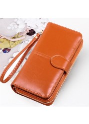 Leather Women Long Zipper Oil Wax Wallet Large Capacity Zipper Clip Wallet Ladies Long Wristlet Clutch Coin Card Holder Portomonee