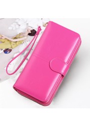 Leather Women Long Zipper Oil Wax Wallet Large Capacity Zipper Clip Wallet Ladies Long Wristlet Clutch Coin Card Holder Portomonee