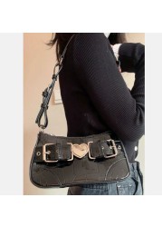 Xiuya Motorcycle Style Cool Shoulder Bag 2022 Crocodile Pattern Black Hot Girls Underarm Cell Phone Bag Metal Heart Handbags