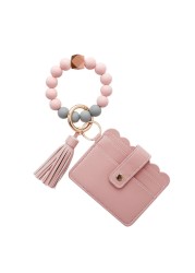 Wristlet purse bracelet keychain card holder pocket with elastic beaded keyring tassel, portable home car keys ring holder