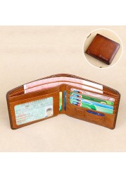 Men's Rfid Blocking Genuine Leather Bifold Wallet Vintage Slim Short Multifunctional Large Capacity Cowhide Wallet Money Clip