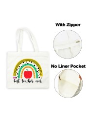 Best Teacher Ever Rainbow Women Canvas Shopping Bag Teacher Life Reusable Aesthetic Eco Tote Shoulder Bags Storage Travel Gift Bag